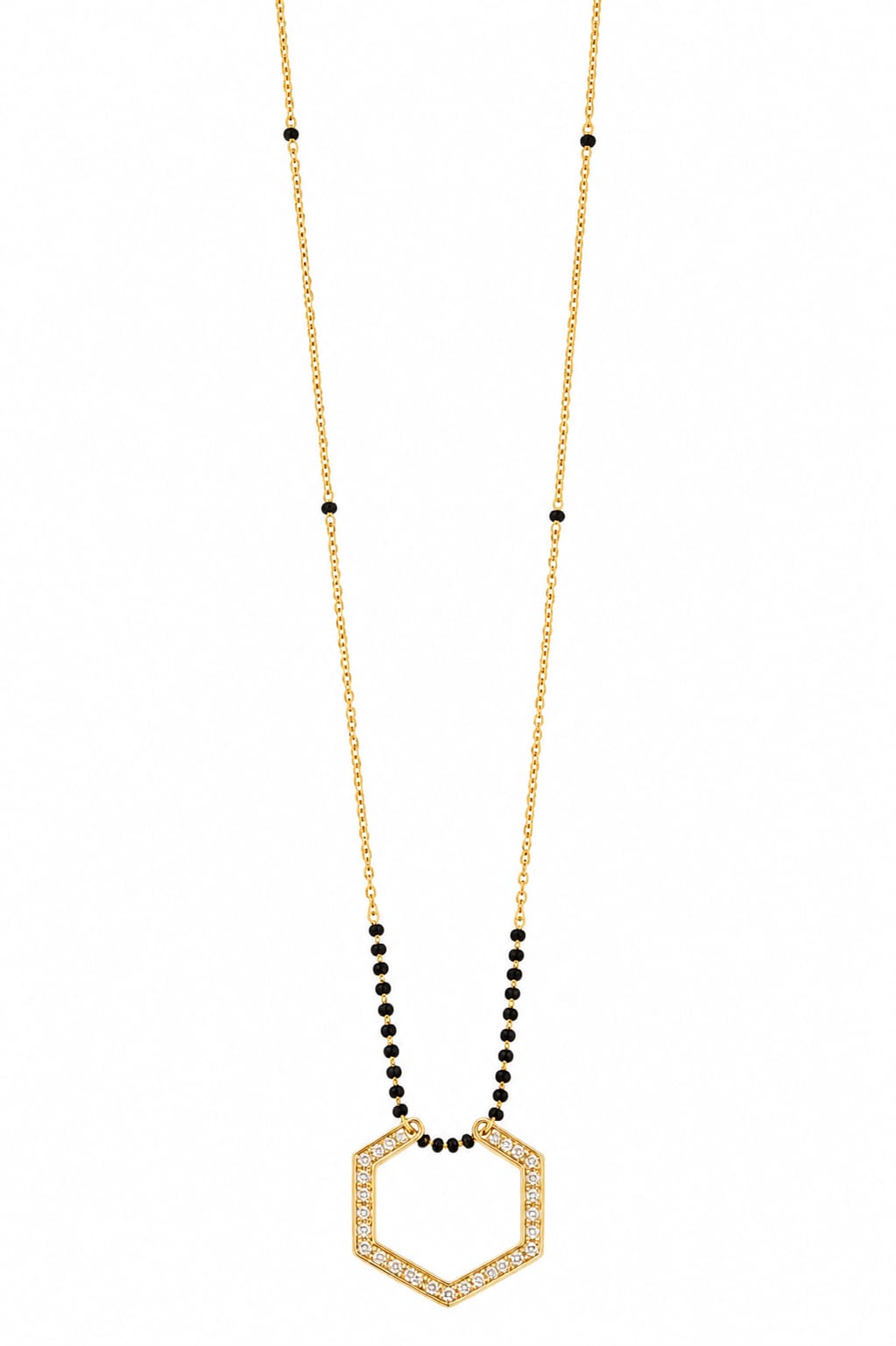 18K Gold-Plated Hexagon CZ Mangalsutra | Anti-Tarnish Geometric Black Bead Necklace