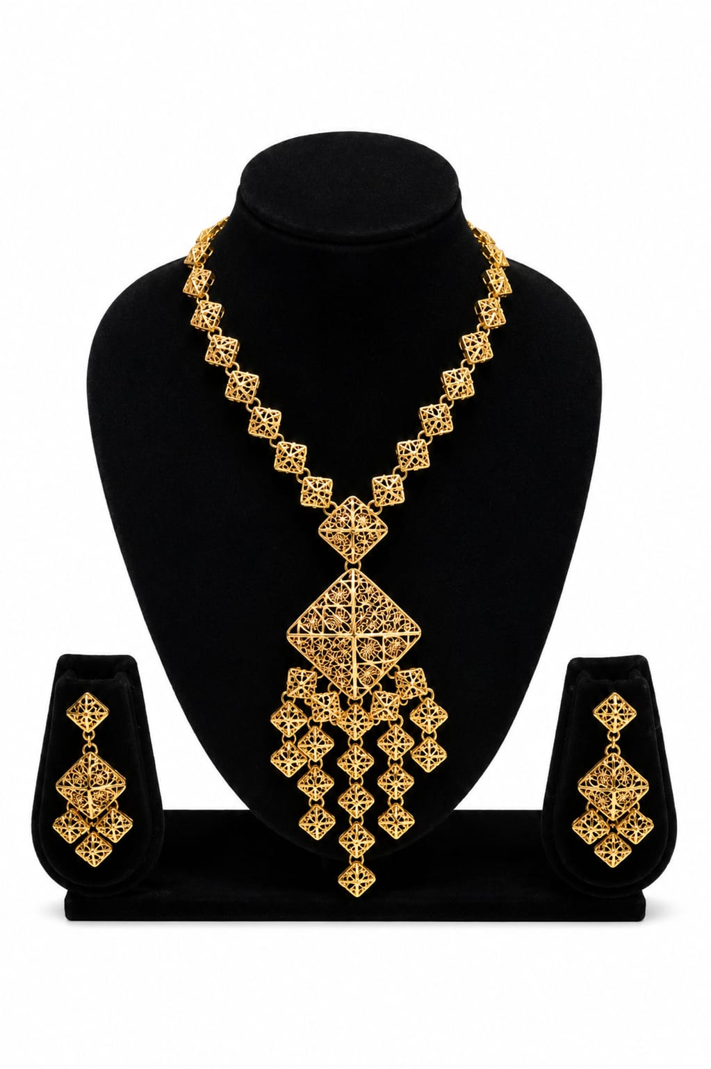 18K Gold Plated Geometric Filigree Necklace Set | Anti-Tarnish Statement Jewelry with Earrings