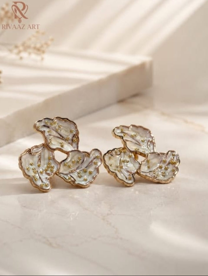 Ivory Blossom Statement Earrings – Gold Plated Floral Pearl Enamel Earrings for Women