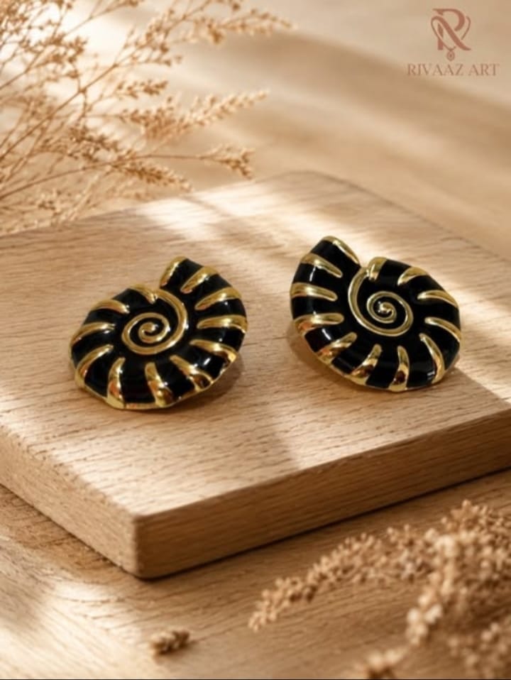 Midnight Spiral Statement Earrings – Black & Gold Plated Enamel Earrings for Women