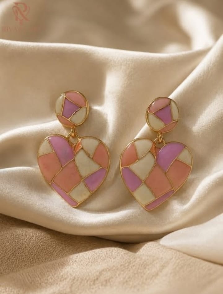 Pastel Mosaic Heart Earrings – Gold Plated Enamel Heart Drop Earrings for Women