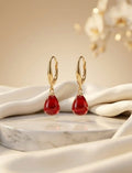 Ruby Drop Hoop Earrings – Gold Plated Red Crystal Teardrop Earrings for Women