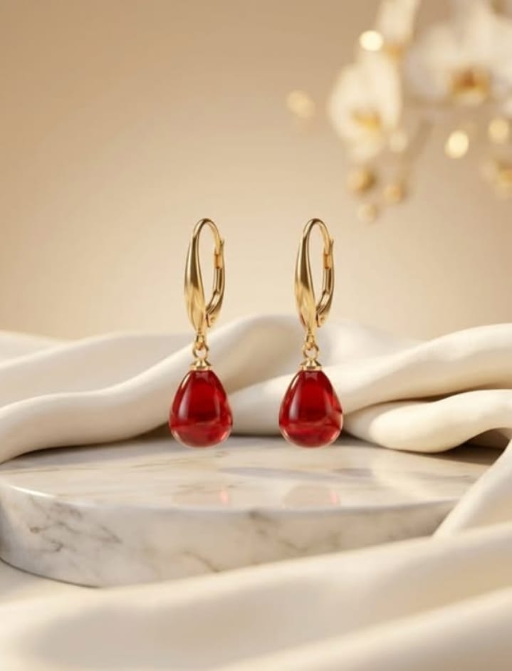 Ruby Drop Hoop Earrings – Gold Plated Red Crystal Teardrop Earrings for Women