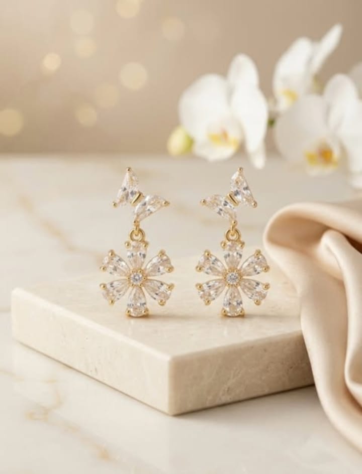 Crystal Bloom Drop Earrings – Gold Plated Floral Zircon Earrings for Women