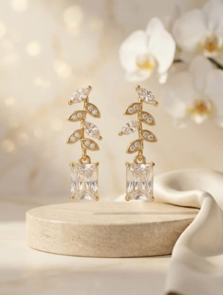Crystal Vine Drop Earrings – Gold Plated Leaf & Emerald-Cut Zircon Earrings for Women