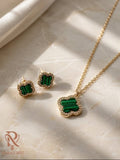 Luxury Green Clover Pendant Necklace & Stud Earrings Set | Gold-Plated Women's Jewelry