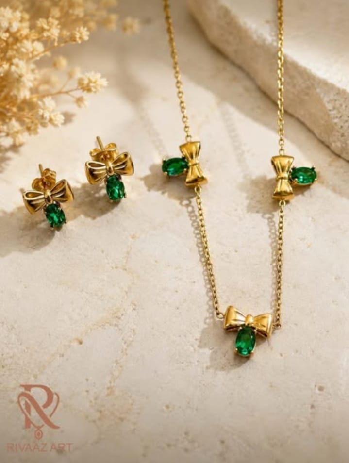 Elegant Gold Bow Pendant Necklace & Stud Earrings Set | Green Crystal Women's Jewelry