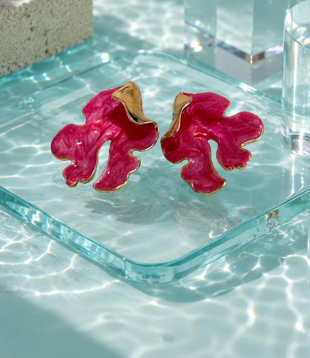 Pink Floral Statement Stud Earrings | Gold-Plated Resin Petal Earrings for Women