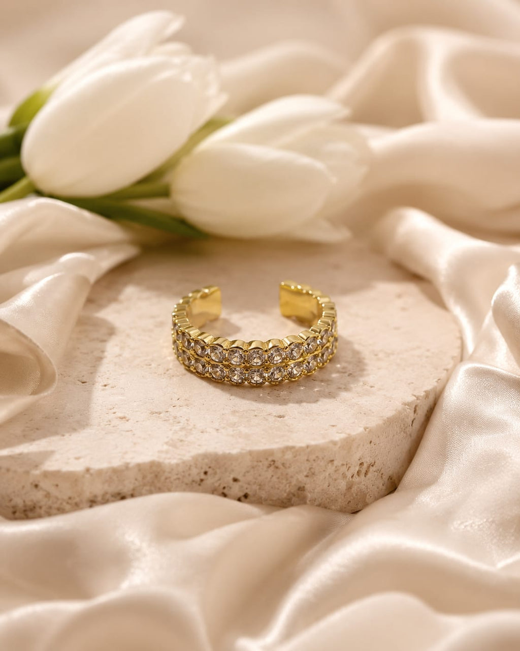 18K Gold Plated Anti-Tarnish Adjustable CZ Open Ring for Women | RIVAAZ ART