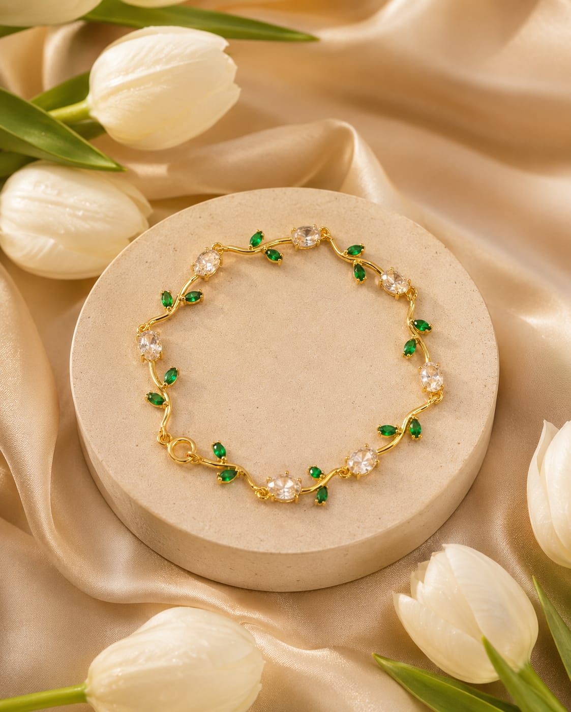 18K Gold Plated Anti-Tarnish Emerald Leaf Crystal Bracelet for Women | RIVAAZ ART