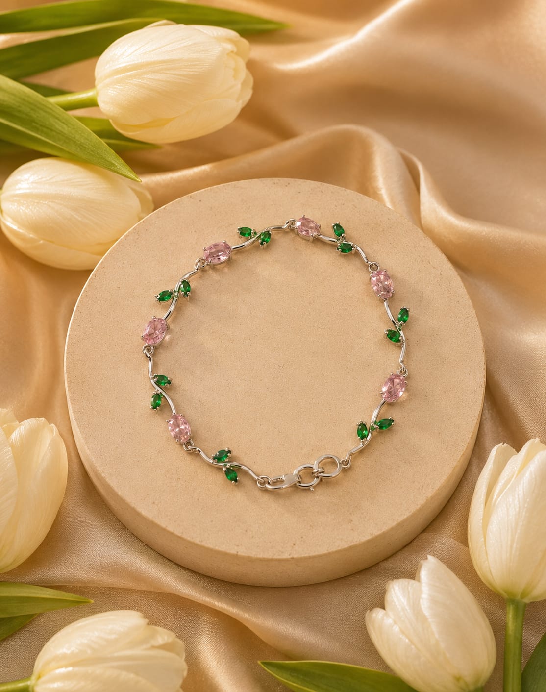 Anti-Tarnish Silver-Plated Pink Crystal Floral Bracelet for Women | RIVAAZ ART