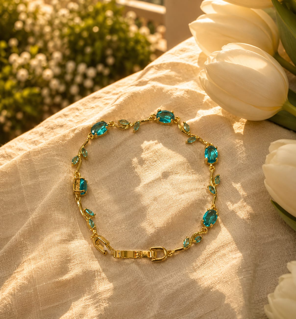 18K Gold Plated Anti-Tarnish Ocean Blue Crystal Vine Bracelet for Women | RIVAAZ ART