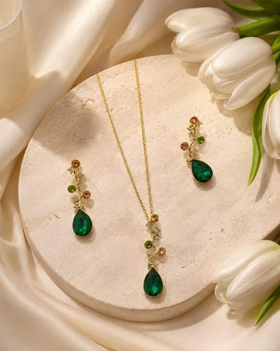 18K Gold Plated Anti-Tarnish Emerald Green Crystal Pendant Set with Earrings for Women | RIVAAZ ART