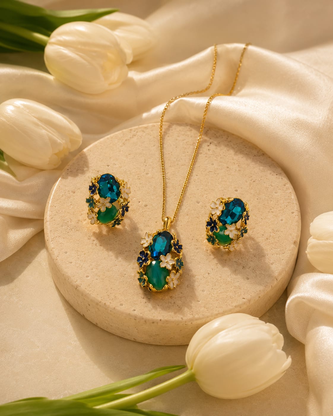 18K Gold Plated Anti-Tarnish Blue & Green Floral Crystal Pendant Set with Earrings for Women | RIVAAZ ART